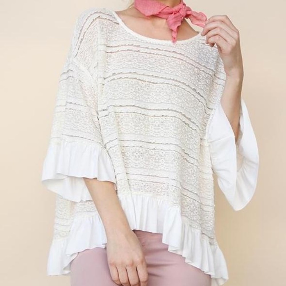 Umgee Lace & Ruffle Crochet Bell Sleeve Boho Top M